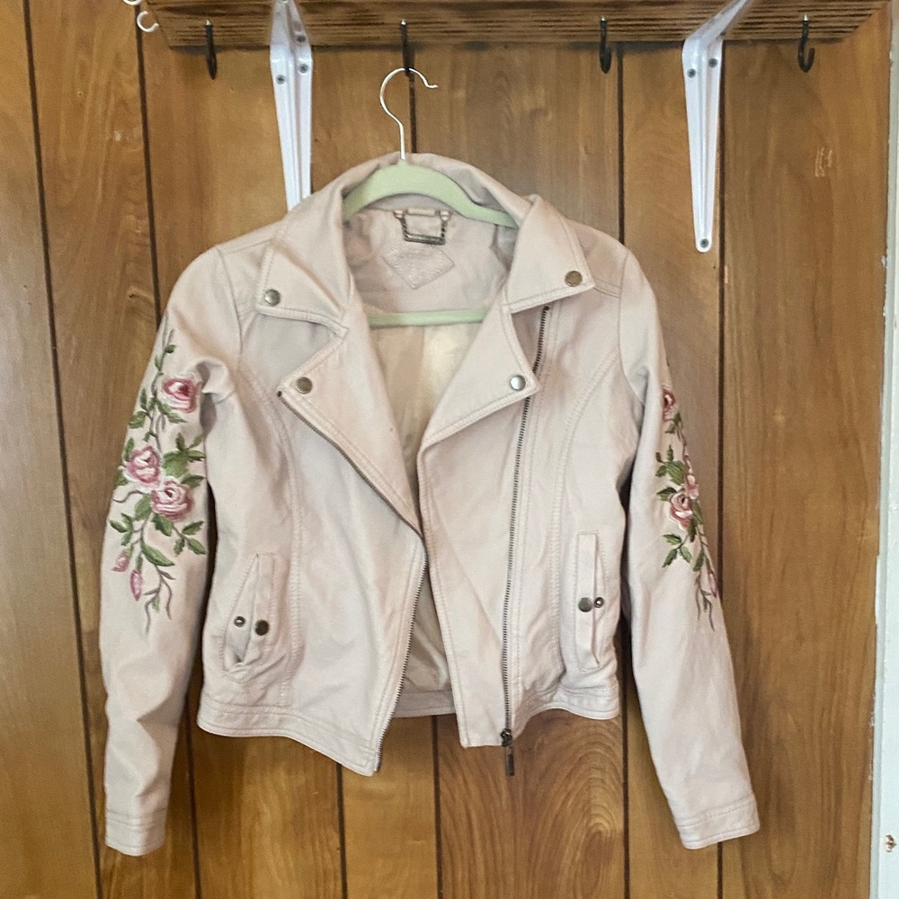 Jou Jou Pink Floral Embroidered Leather Jacket